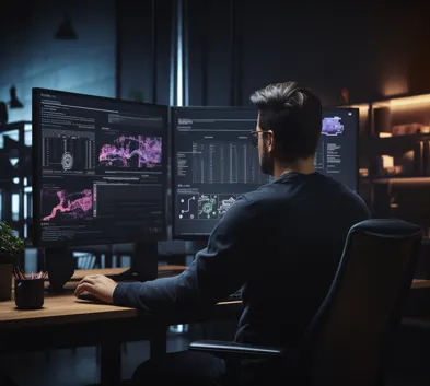 A UI/UX designer working on a high-resolution dual-screen setup, creating interactive website prototypes.