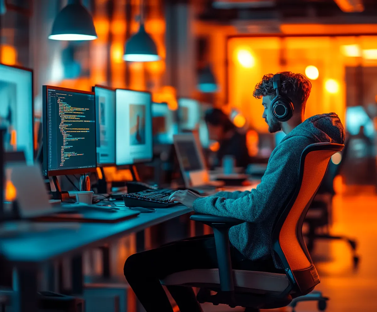 A hyper-realistic, ultra-HD workspace of a web designer working on advanced website layouts and UI/UX elements.